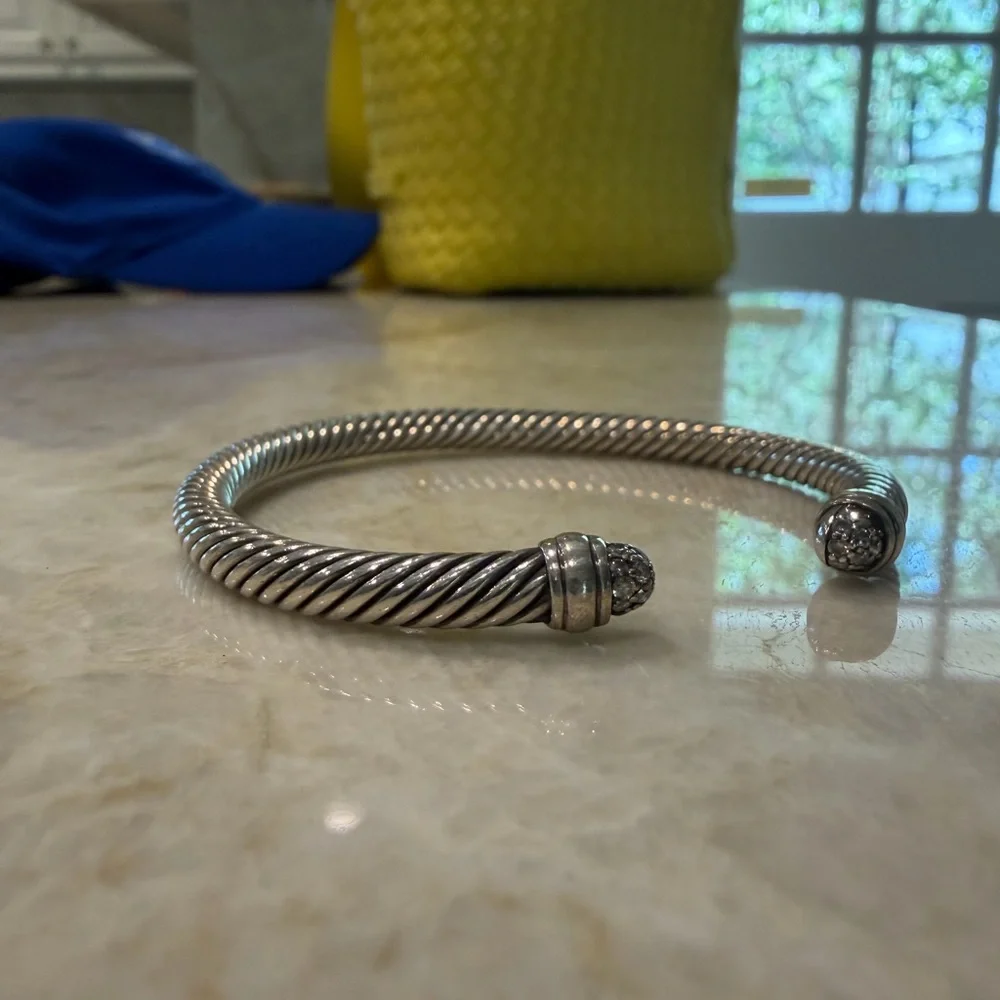 David Yurman Silver Cable Cuff with Diamond Endcaps